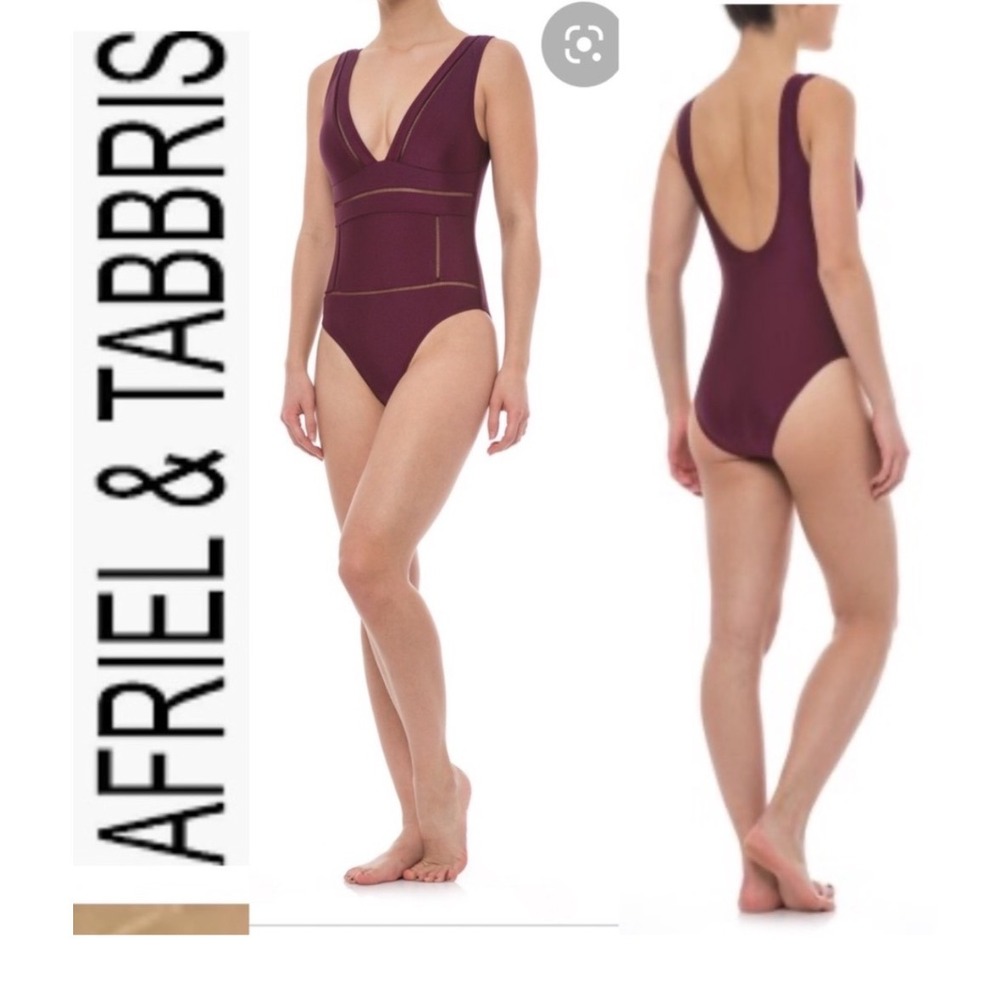 Afriel & Tabbris Australia Burgundy V-Neck Ladder Stitch One Piece Swimsuit Sz 8